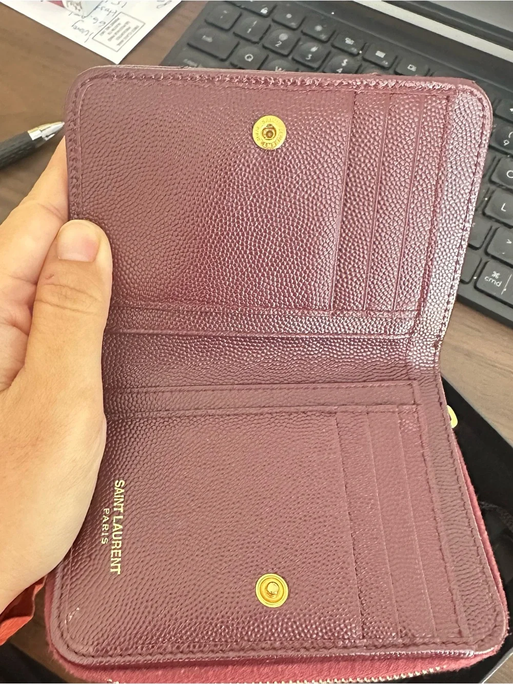 Saint Laurent Wine Red Leather Card & Key Holder with Gold YSL Emblem